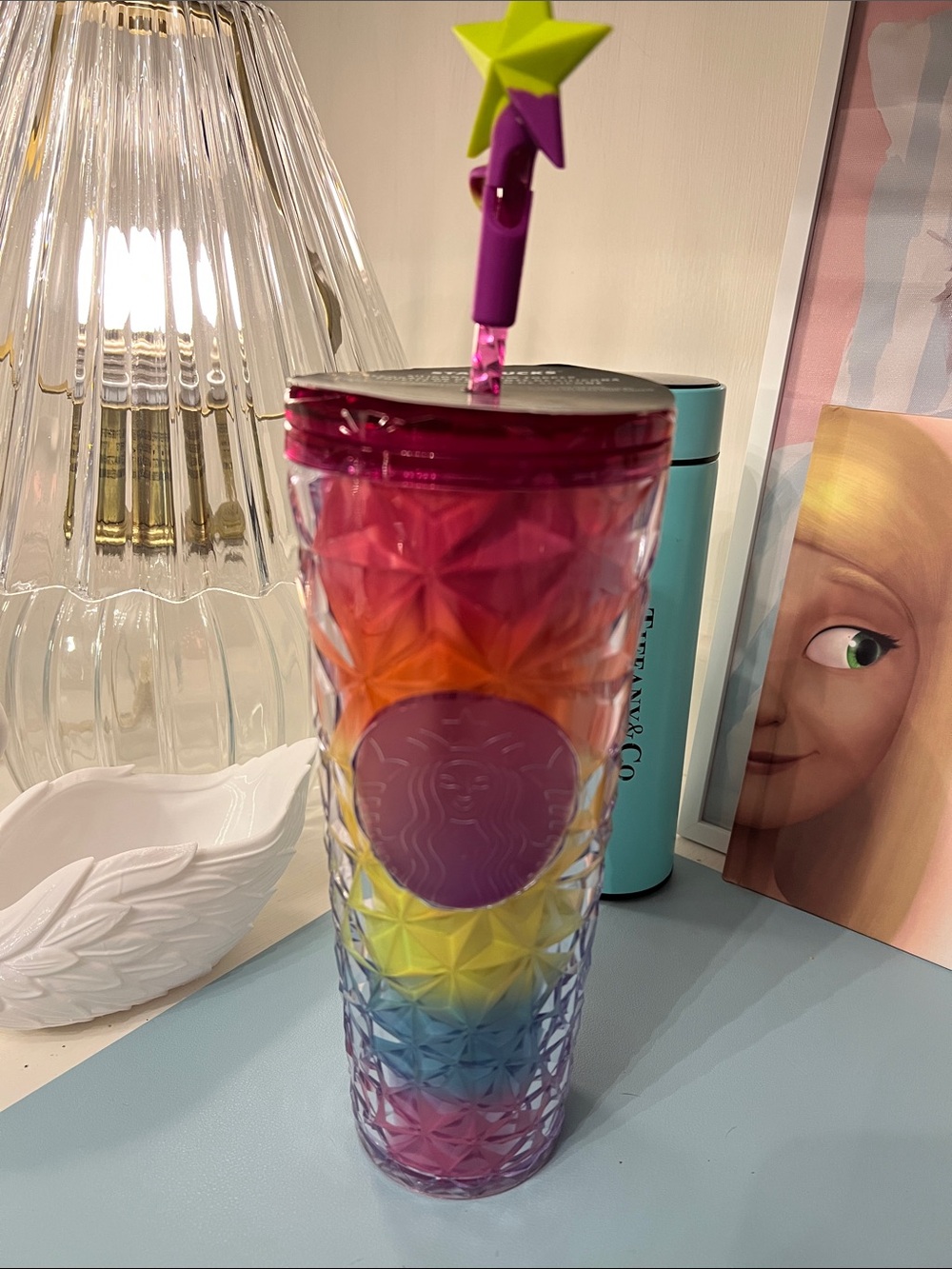 Starbucks Rainbow Prism Tumbler with Pink Lid and Star Straw